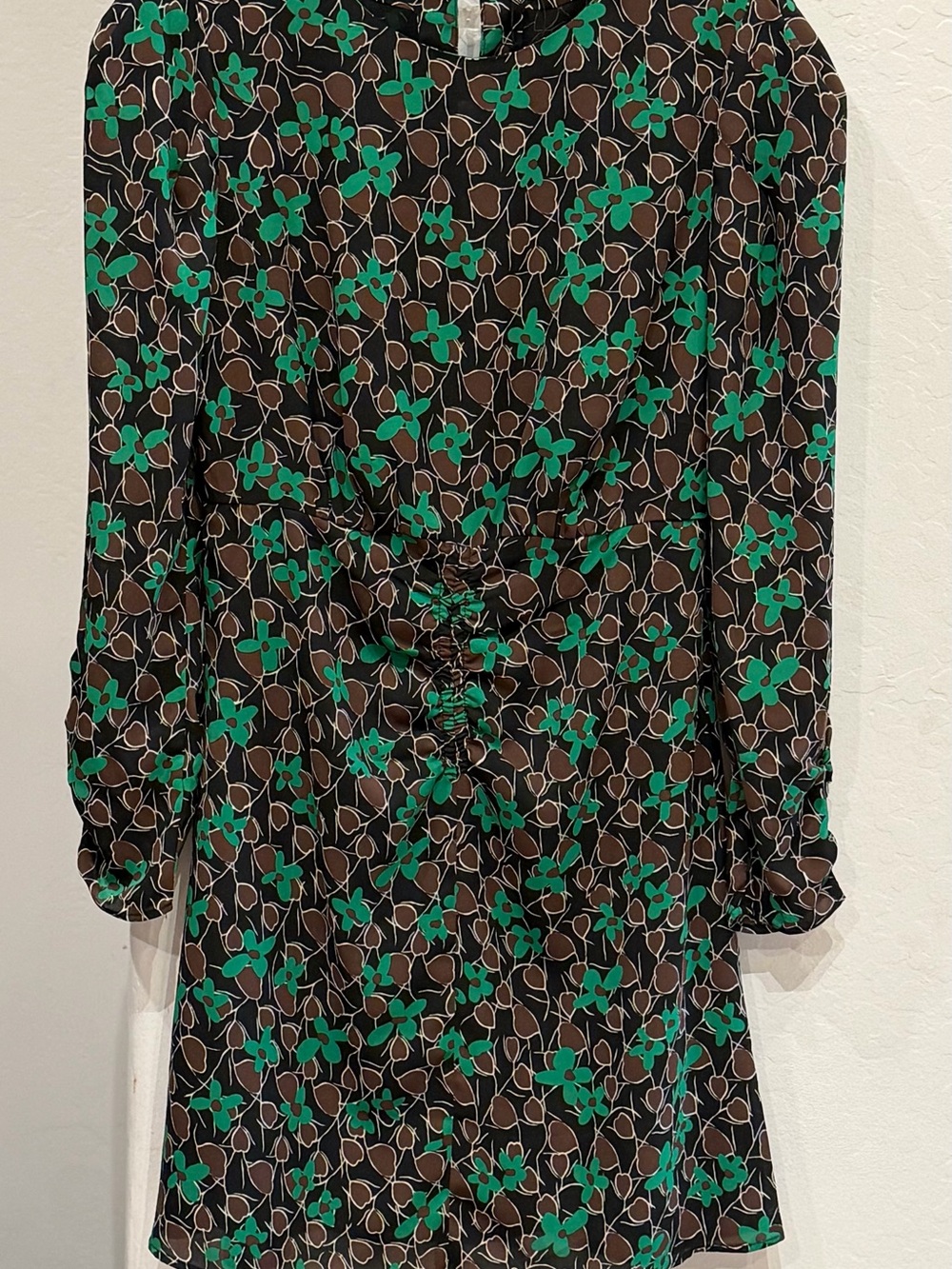 Mango Black Floral Long-Sleeve Dress with Green Accents